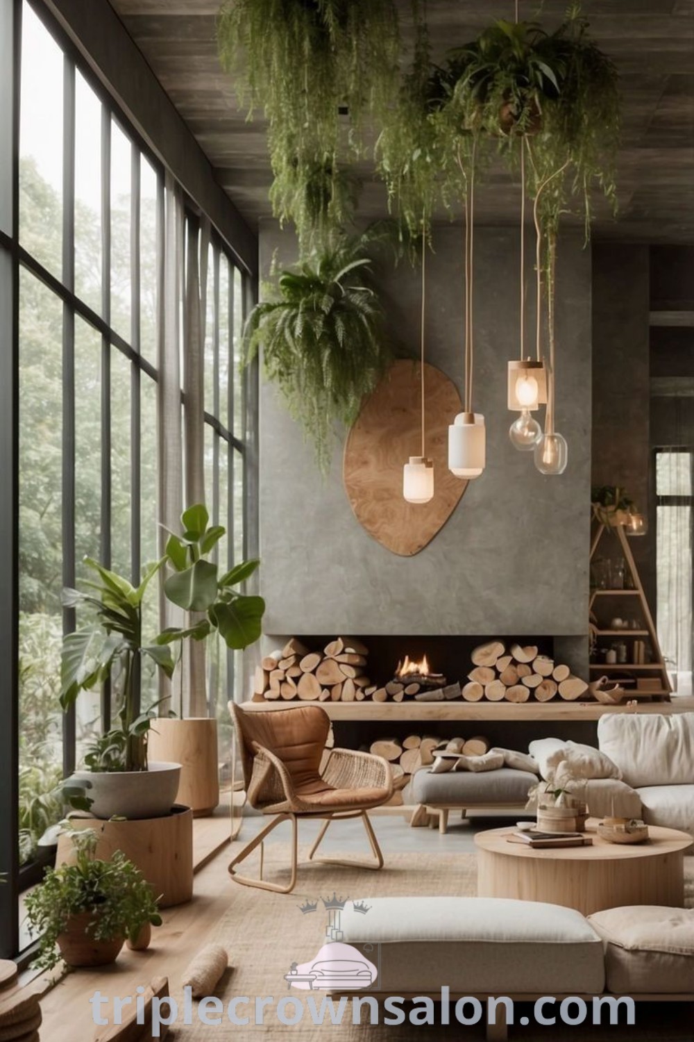 A cozy eco-friendly living room adorned with stylish furniture and hanging plants, showcasing biophilic design principles and sustainable decor ideas. This space offers inspiring ideas for a sustainable interior, blending comfort and luxury for your home. Explore more design trends at triplecrownsalon.com.