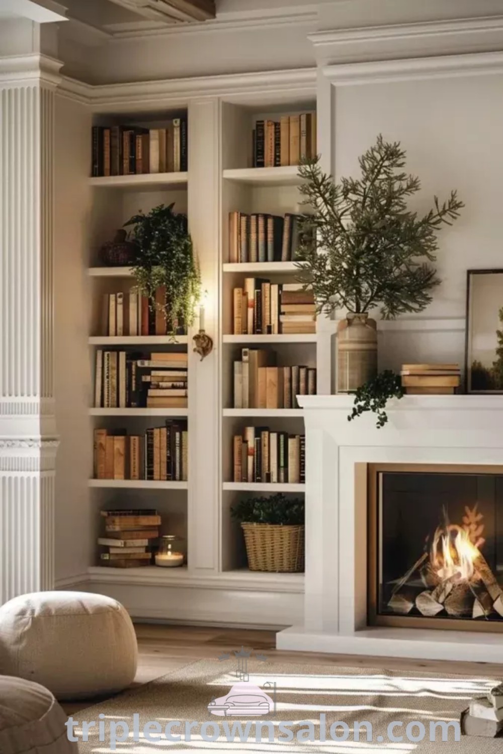 A cozy living room featuring a fireplace surrounded by built-in shelves filled with books, creating an inviting and functional space for relaxation. Discover unique decor ideas and inspirations for your home at triplecrownsalon.com.