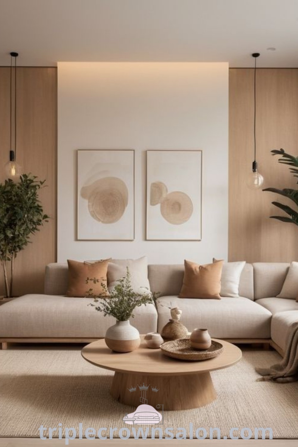 A bright and airy Japandi living room featuring large windows, beige tones, and a clean design. The decor blends cozy elements with natural textures, offering unique ideas for your home. Find inspiring decor ideas and tips at triplecrownsalon.com.