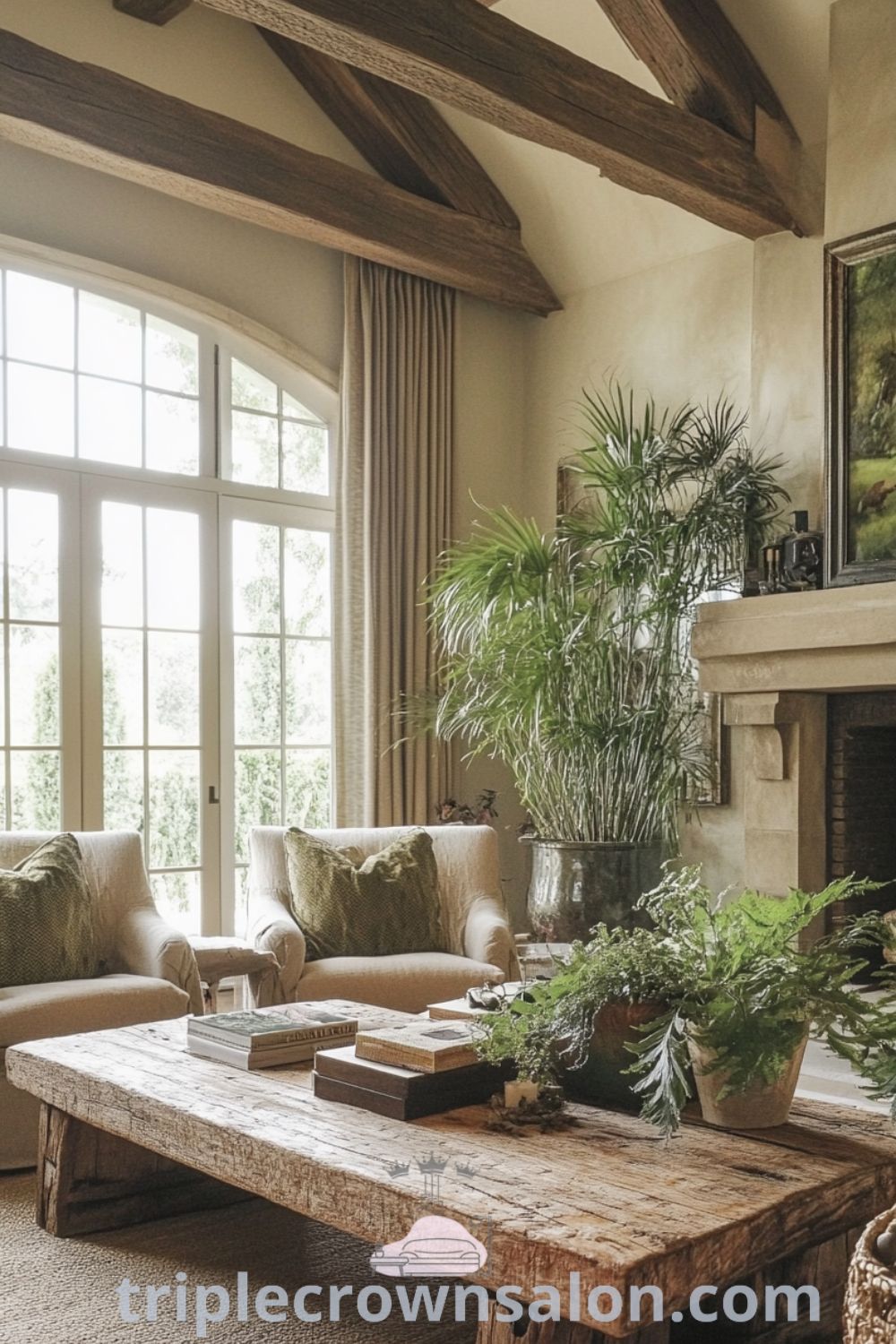 Nature-inspired living room with soft greens and earthy browns, featuring a reclaimed wooden coffee table, cozy fabric-covered armchairs with woven blankets, potted plants, and a stone fireplace, showcasing cozy decor ideas for a warm and inviting home at triplecrownsalon.com.