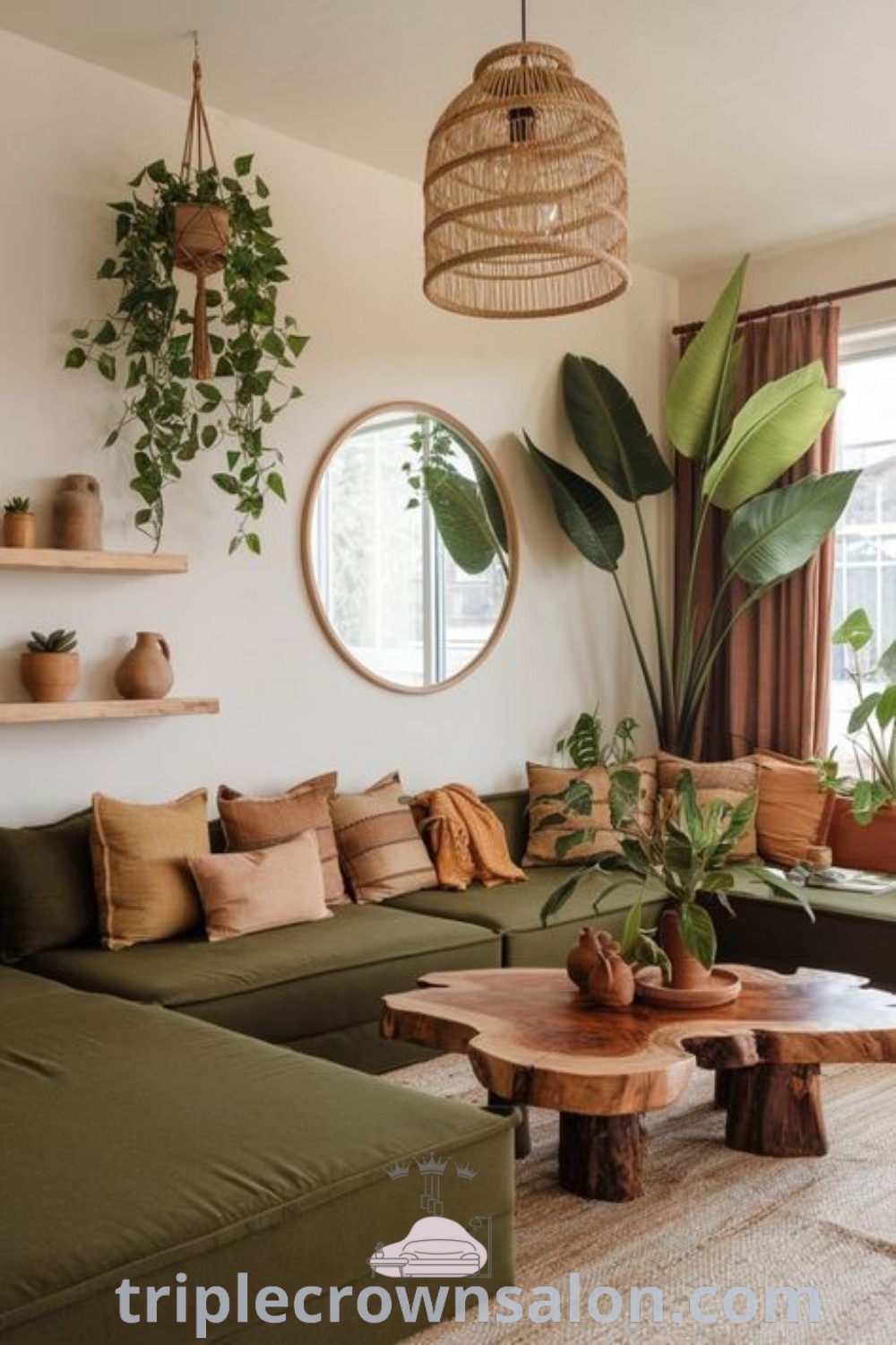 A cozy living room filled with green furniture, including a bohemian sectional and decorative accents, showcasing earthy home decor inspirations. Perfect for creating a relaxing atmosphere, this space provides unique ideas for a boho green apartment. Discover more cozy inspiration at wellnesswink.com.