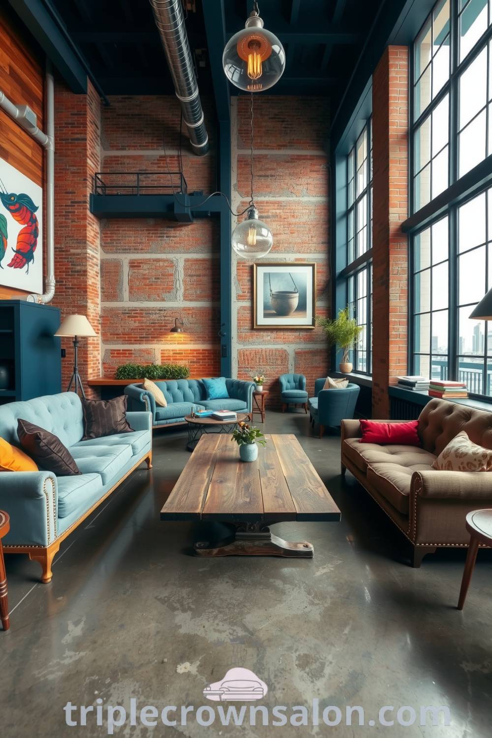 Industrial living room featuring deep blue accents, exposed brick walls, polished concrete floors, reclaimed wooden coffee table, mismatched vintage sofas, and warm lighting; perfect for cozy home design ideas at triplecrownsalon.com.
