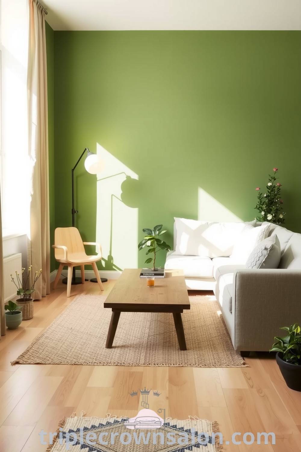 Scandinavian living room featuring a calming green palette, soft linen curtains, low wooden coffee table, plush light gray sofa with textured throw pillows, pale polished wood floors, cozy handwoven rug, and scattered potted plants, showcasing cozy ideas and design tips for a serene and inviting home environment at triplecrownsalon.com.