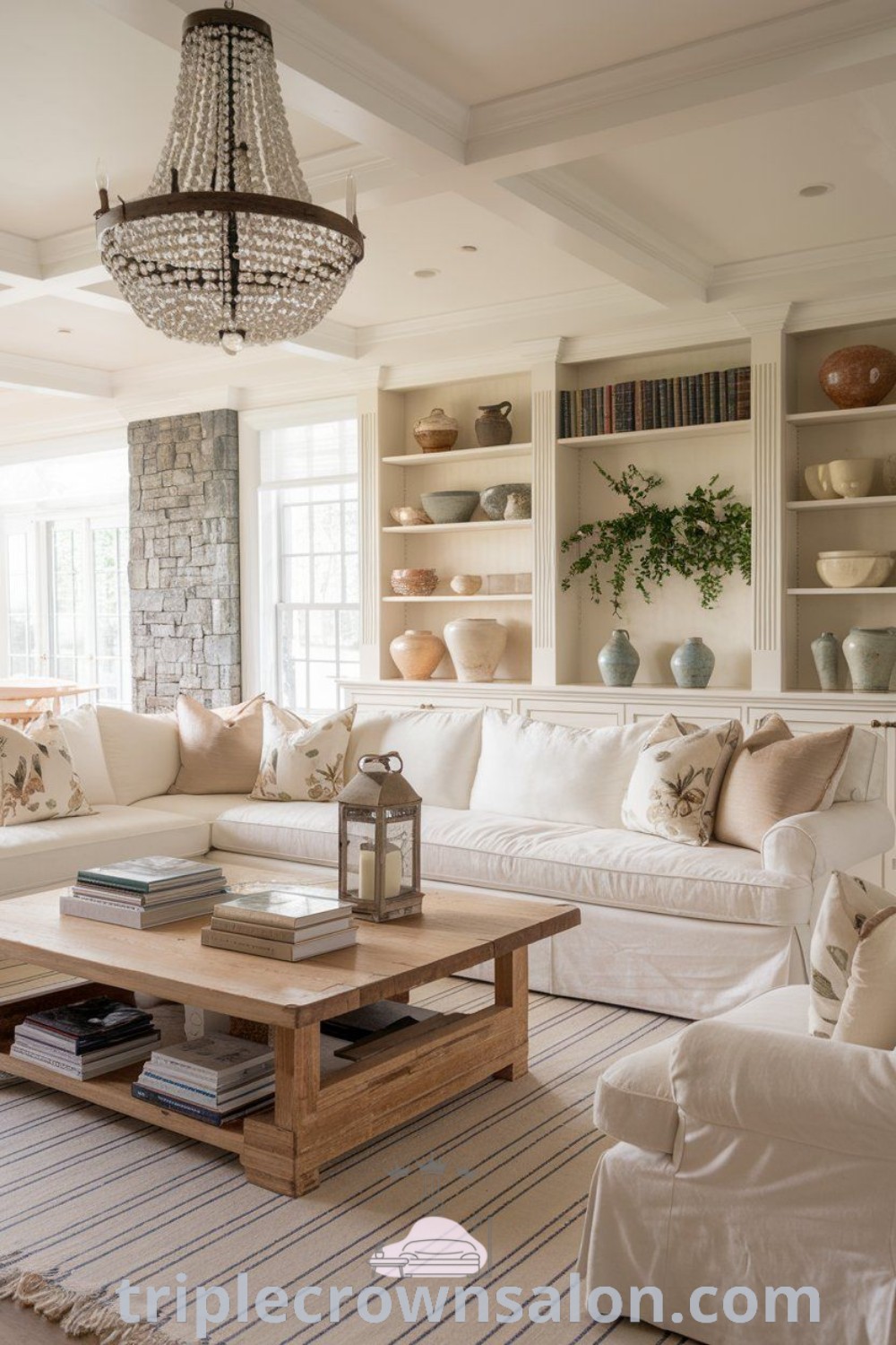 A cozy French Country living room featuring elegant furniture and a beautiful chandelier, showcasing inspiring decor ideas for your home. This inviting space embodies the charm of French Cottage Living Room Ideas and offers practical design tips for a stylish yet comfortable atmosphere. Discover more unique ideas at triplecrownsalon.com.