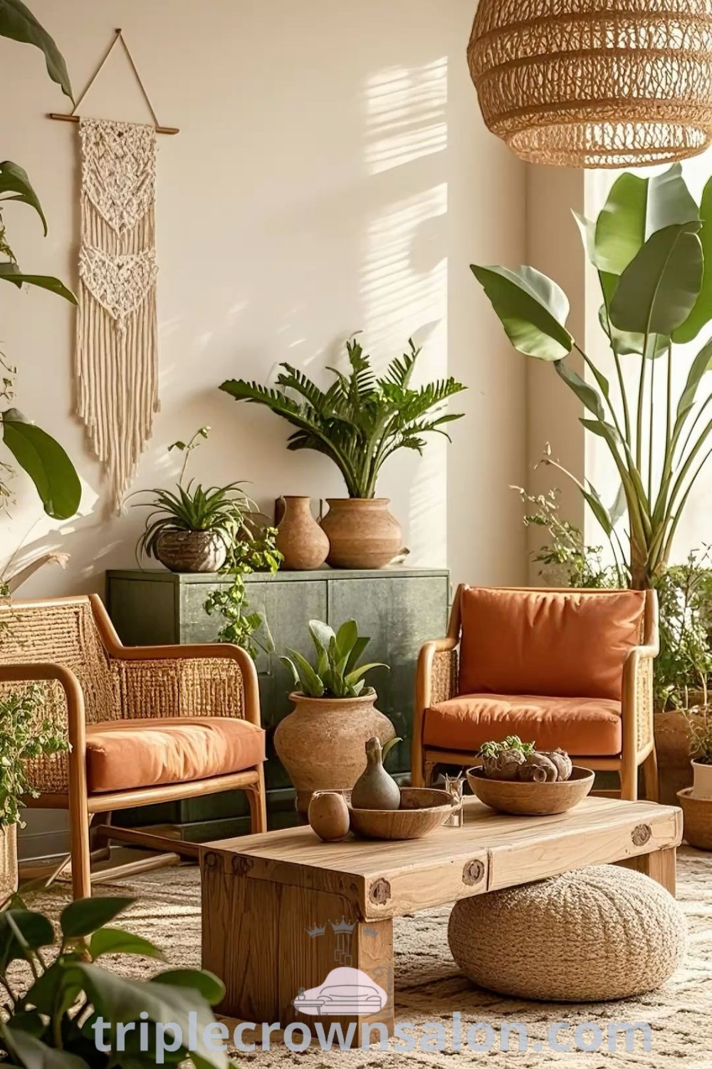 A boho-inspired living room filled with an abundance of plants, cozy reading chair, and Bali interior design elements, showcasing unique ideas for creating an inviting and peaceful atmosphere. Discover more cozy decor ideas at triplecrownsalon.com.
