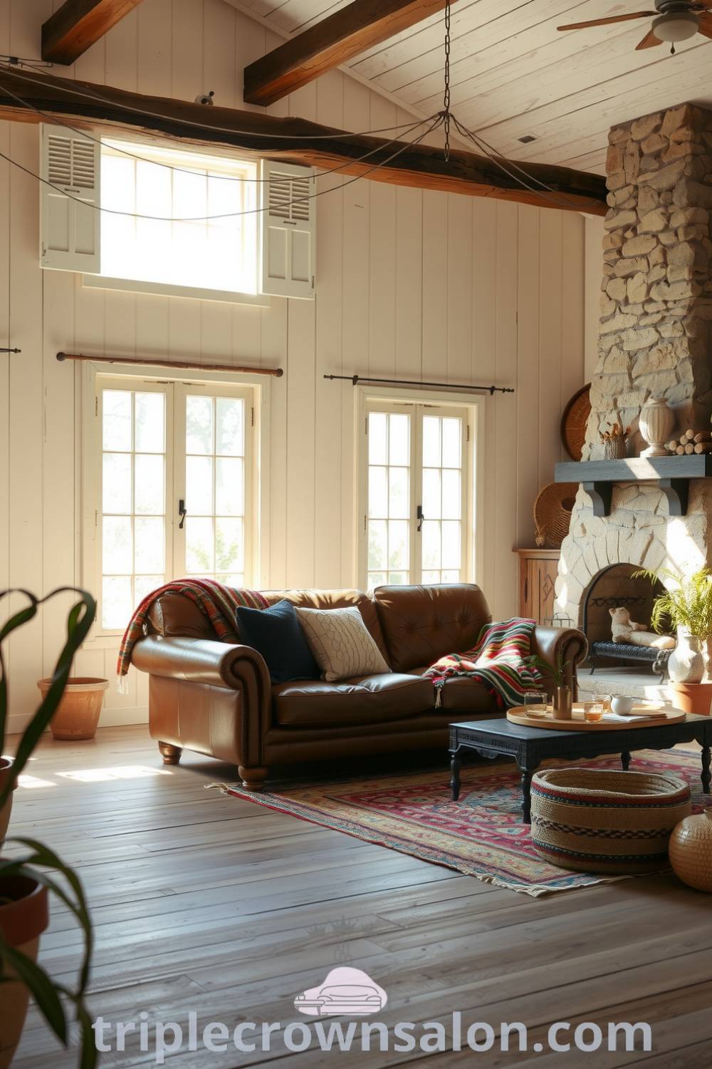 Rustic living room featuring sunlight streaming through large windows, whitewashed walls, a cozy leather sofa, colorful throw blankets, and a stone fireplace, offering cozy design ideas and inspirations for a warm home atmosphere at fireplacesandwoodstoves.com.