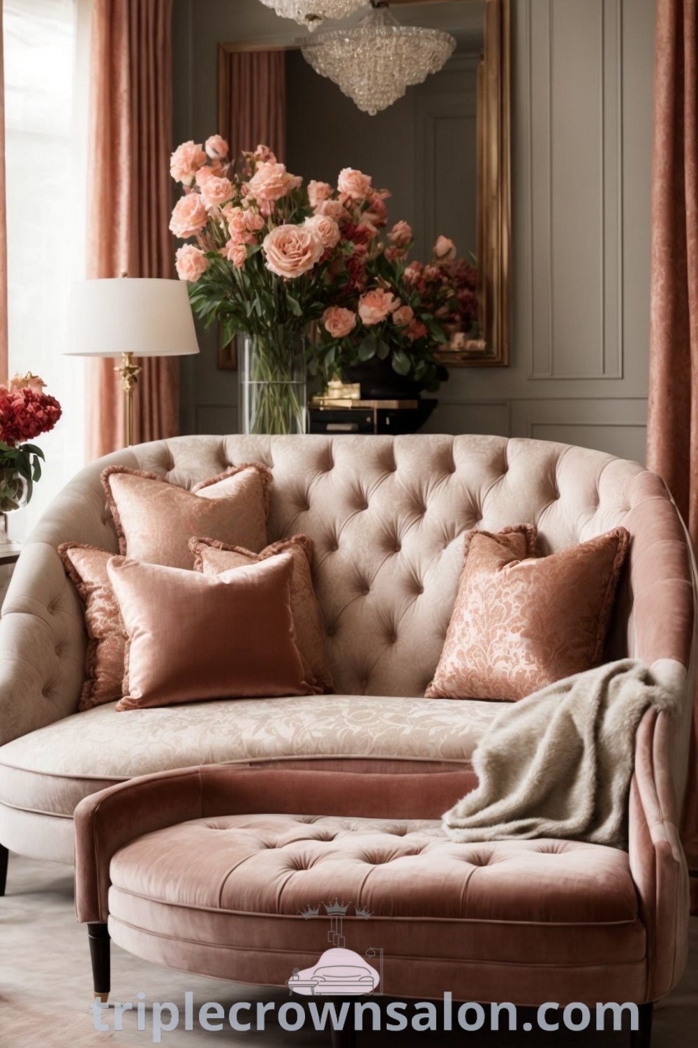 An eclectic living room filled with unique furniture, fresh flowers, and British Colonial art, showcasing modern living room interior design trends. This cozy space offers inspiring decor ideas and is perfect for those seeking unique ideas for their home. Find more inspirations at triplecrownsalon.com.