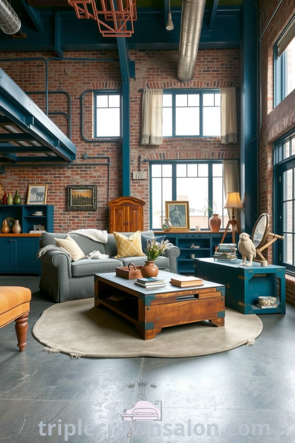Industrial living room featuring deep blue weathered brick walls, polished concrete floor, oversized gray sofa, plush wool throws, large factory-style windows, and rustic wooden coffee table, showcasing cozy and inspiring decor ideas for your home on triplecrownsalon.com.