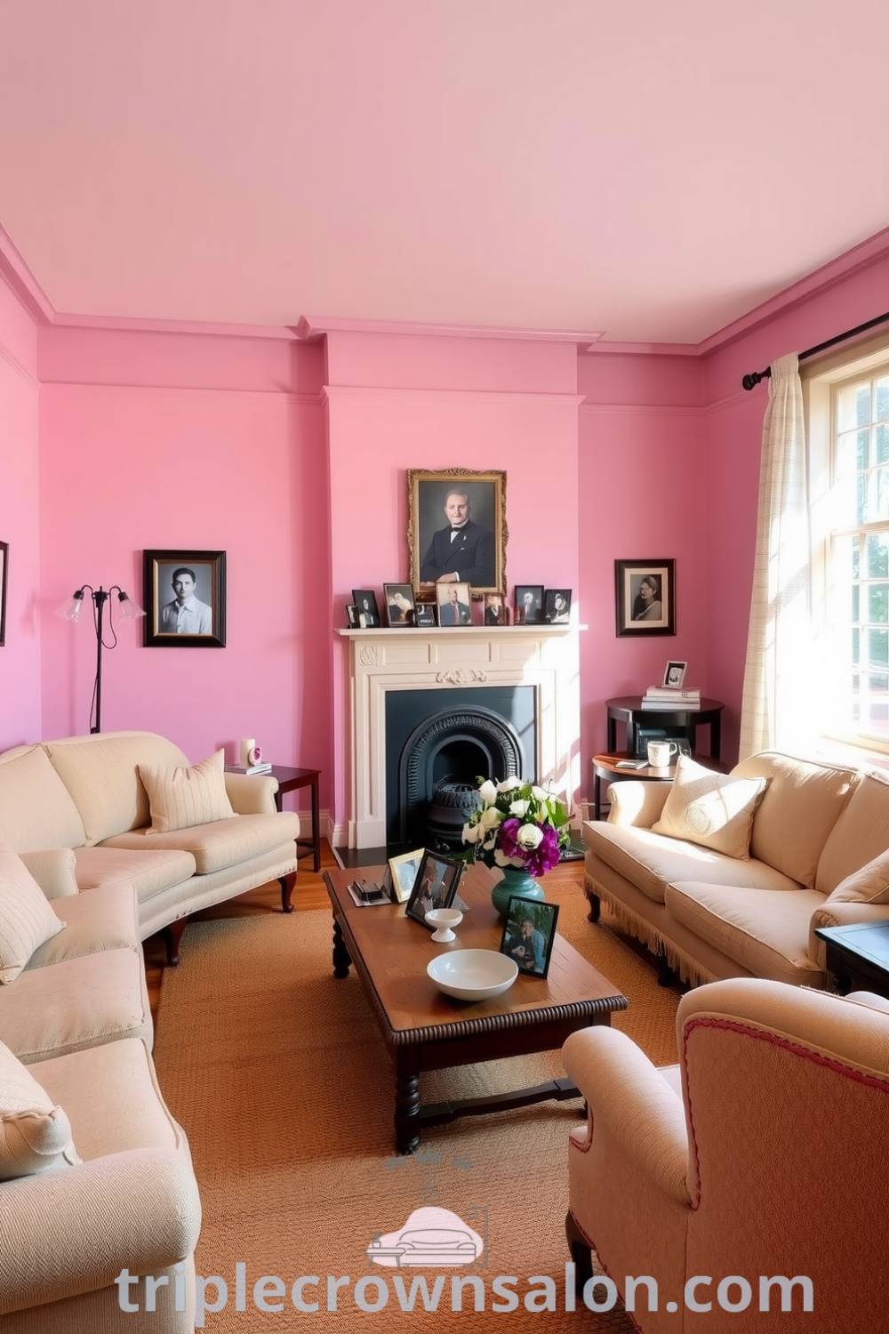 Cozy living room with soft pink walls, plush sofas, an ornate fireplace adorned with family photos, and gentle afternoon sunlight filtering through sheer curtains, highlighting cozy decor ideas for your home at fireplacesandwoodstoves.com.