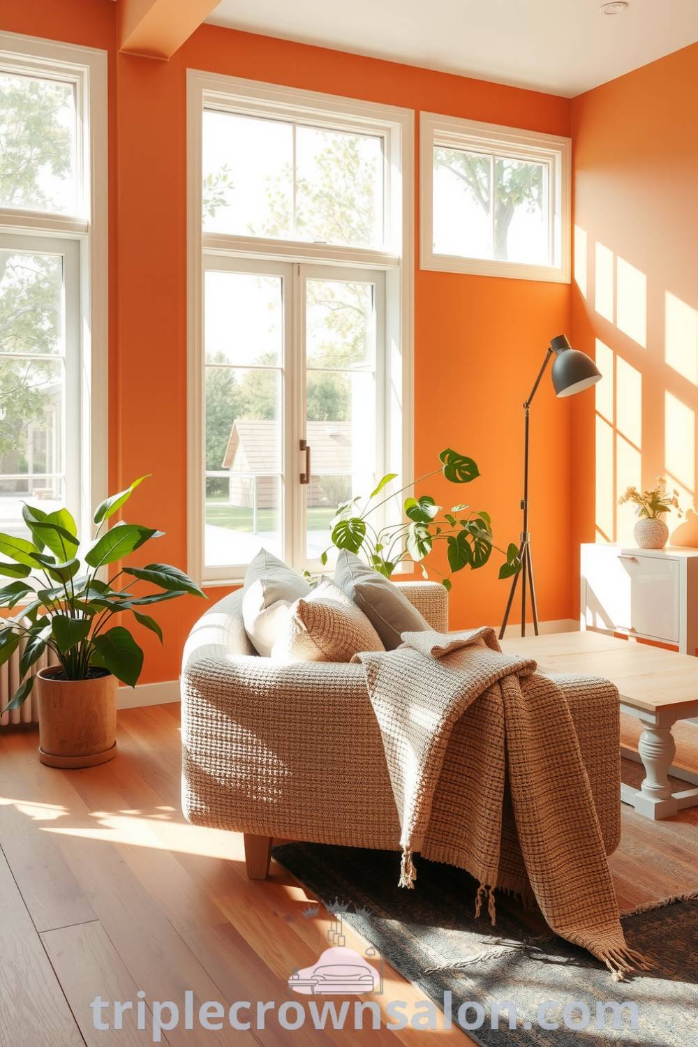 Scandinavian living room featuring warm orange accents, light natural wood furniture, plush sofa, cozy woven blankets, large windows with sunlight, and potted plants, creating a tranquil and inviting atmosphere. Unique ideas for your home are available at triplecrownsalon.com.