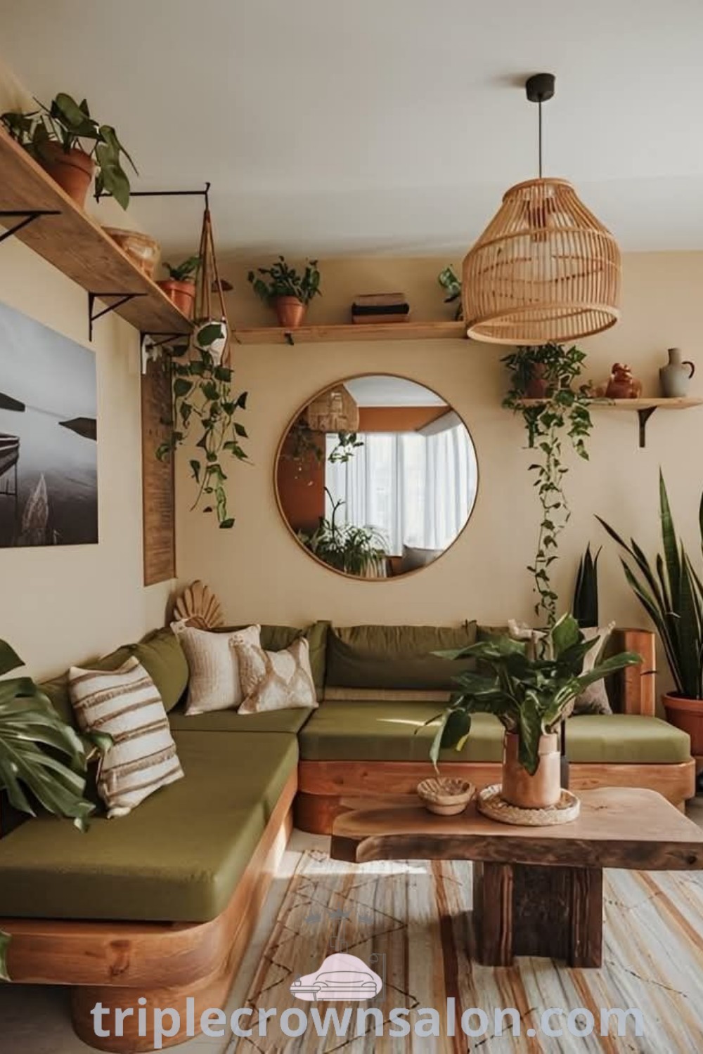 A living room filled with stylish furniture and lush plants on the walls, showcasing moody vibes and boho living for urban interiors. This decor embodies cozy ideas for inspiring spaces, perfect for both houses and apartments. Discover more unique decor ideas at triplecrownsalon.com.