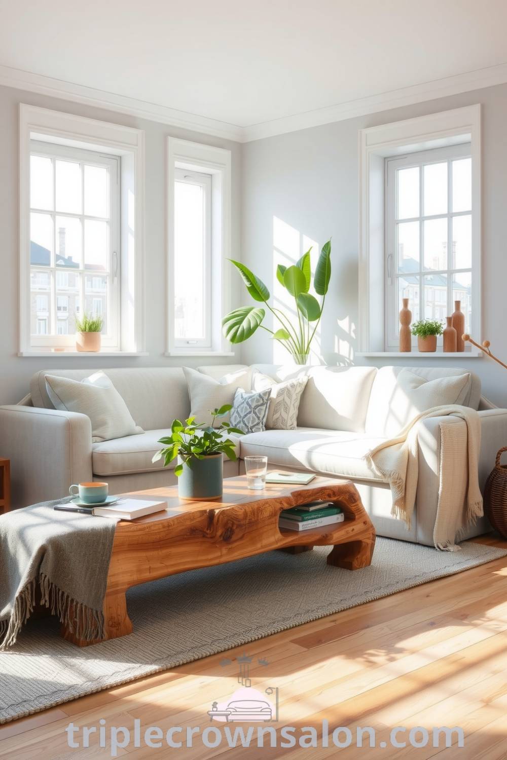Cozy Scandinavian living room featuring soft grey tones, plush cushions on a simple sofa, natural wood flooring, a rustic coffee table, and potted plants, creating an inviting ambiance for relaxation and gatherings. Find decor ideas for small spaces and design tips at triplecrownsalon.com.