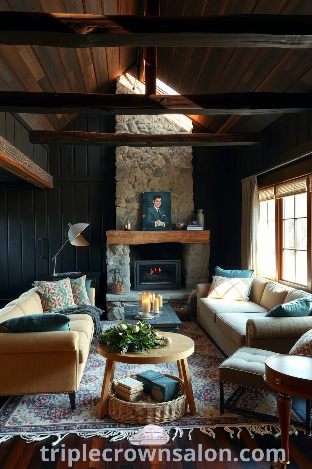Cozy rustic living room featuring deep black wooden accents, a rough stone fireplace, plush worn-in sofas, and abundant sunlight, creating a warm and inviting atmosphere. Discover inspiring decor ideas at fireplacesandwoodstoves.com.