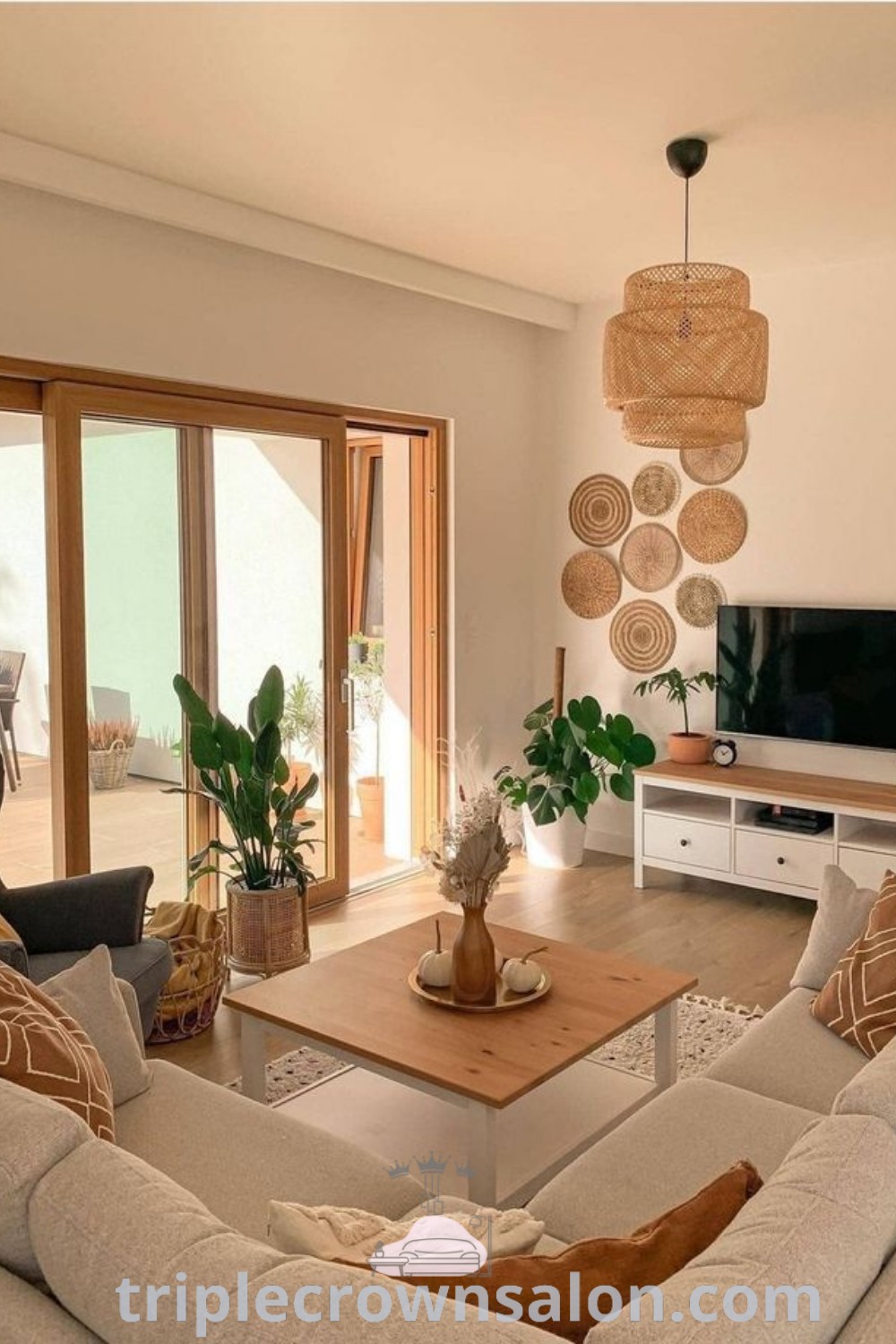 A cozy and inviting living room filled with stylish furniture and a flat screen TV on a wooden table, showcasing aesthetic living room decor ideas. This design captures the essence of a comfy apartment with decor inspirations for your home. For more unique ideas, visit wellnesswink.com.