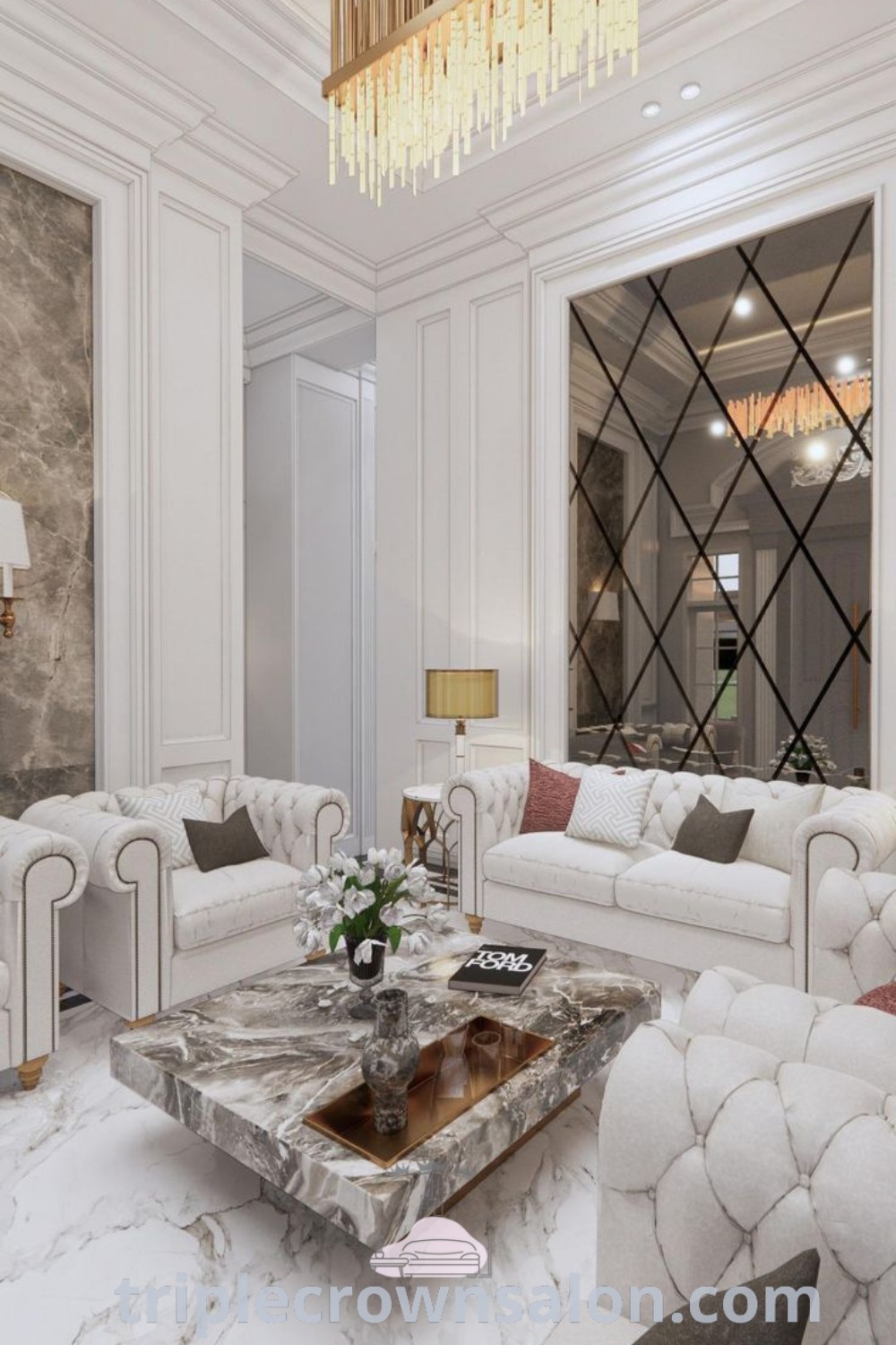 A luxurious classic living room filled with elegant furniture and a chandelier, showcasing wall moulding and modern classic design elements. This stunning space offers cozy ideas and inspiring decor inspirations, perfect for creating a unique and inviting atmosphere. Discover more decor ideas at wellnesswink.com.