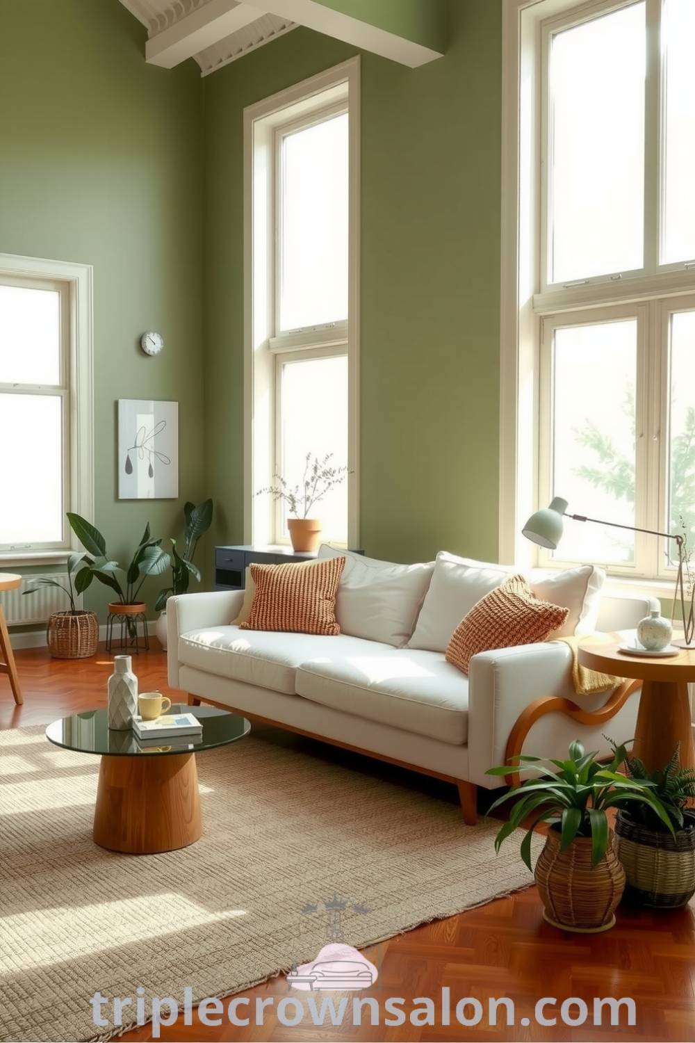 Scandinavian living room in soft green hues, featuring a cream-colored sofa with textured pillows, natural wood furniture, honey-colored hardwood floor, woven rugs, and potted plants, embodying cozy ideas and decor inspirations for a warm and inviting home at triplecrownsalon.com.