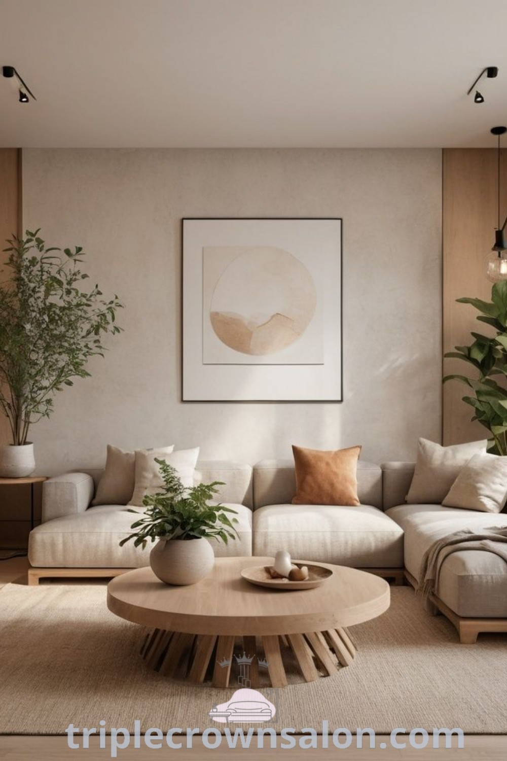 A cozy Japandi-inspired living room featuring white walls, minimal decor, and inviting textures, perfect for small spaces. Discover Japandi interiors, design ideas, and decor inspirations at triplecrownsalon.com.