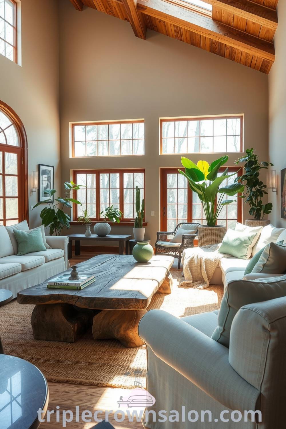 A cozy nature-inspired living room featuring soft earth tones, reclaimed wood and stone textures, plush linen sofas, and potted plants, creating a serene and lived-in atmosphere; visit triplecrownsalon.com for unique decor ideas and inspirations for your home.