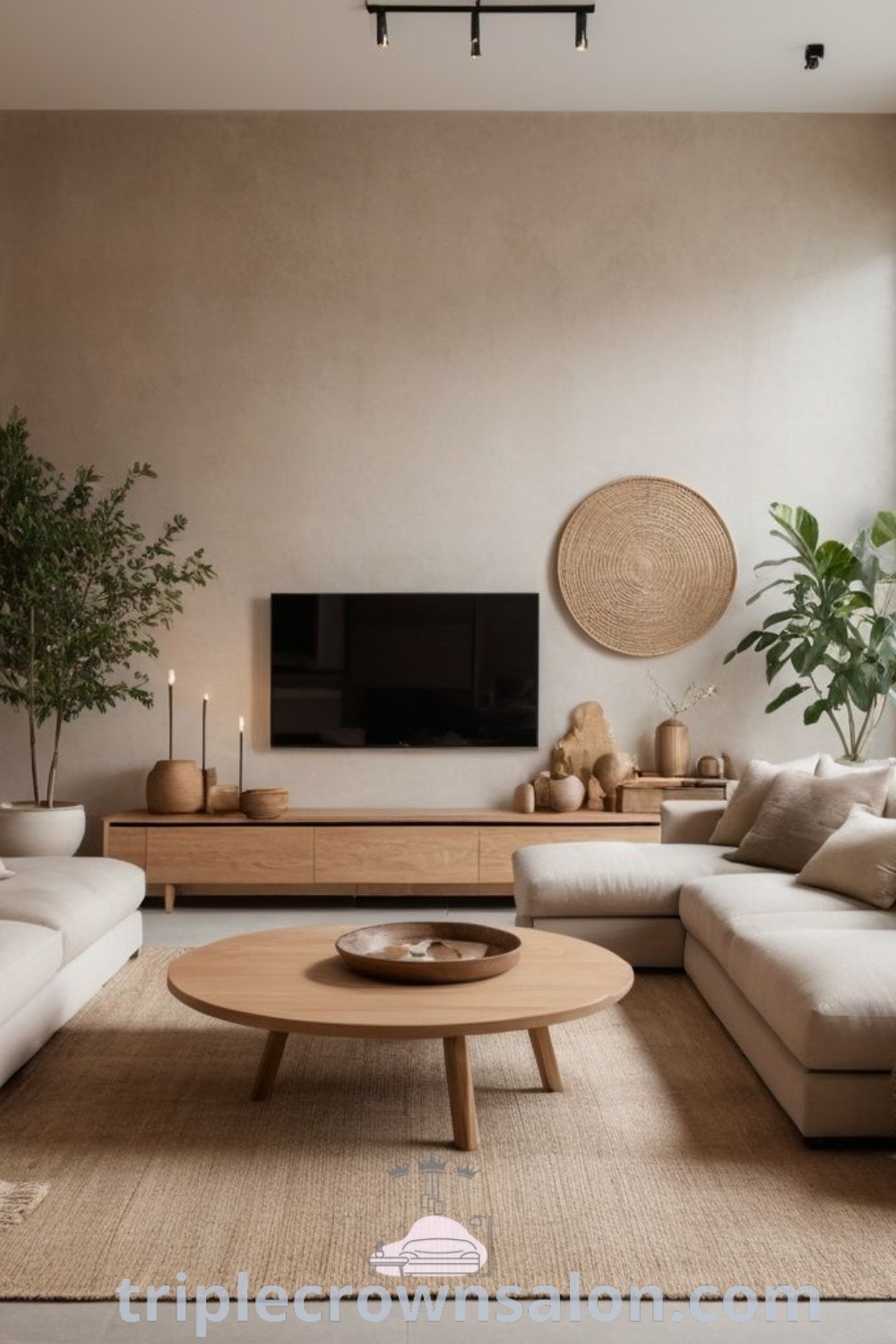A cozy Japandi living room featuring stylish furniture, a flat-screen TV mounted above a wooden coffee table, blending industrial and luxury elements. This inspiring decor provides unique ideas for creating a cozy aesthetic in your home. Discover more decor inspirations at triplecrownsalon.com.