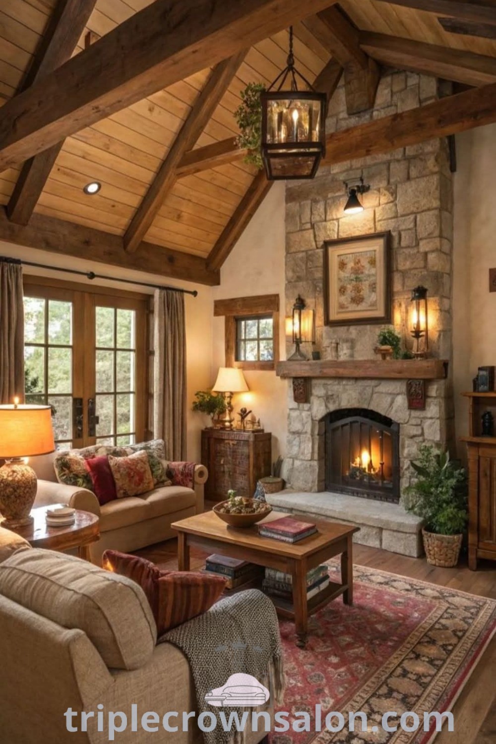 A cozy living room filled with inviting furniture and a fireplace at its center, showcasing rustic wood interiors and decor ideas that inspire warmth and comfort. This scene offers unique ideas for your home, making it a perfect cozy aesthetic for your living space. Discover more inspirations at triplecrownsalon.com.