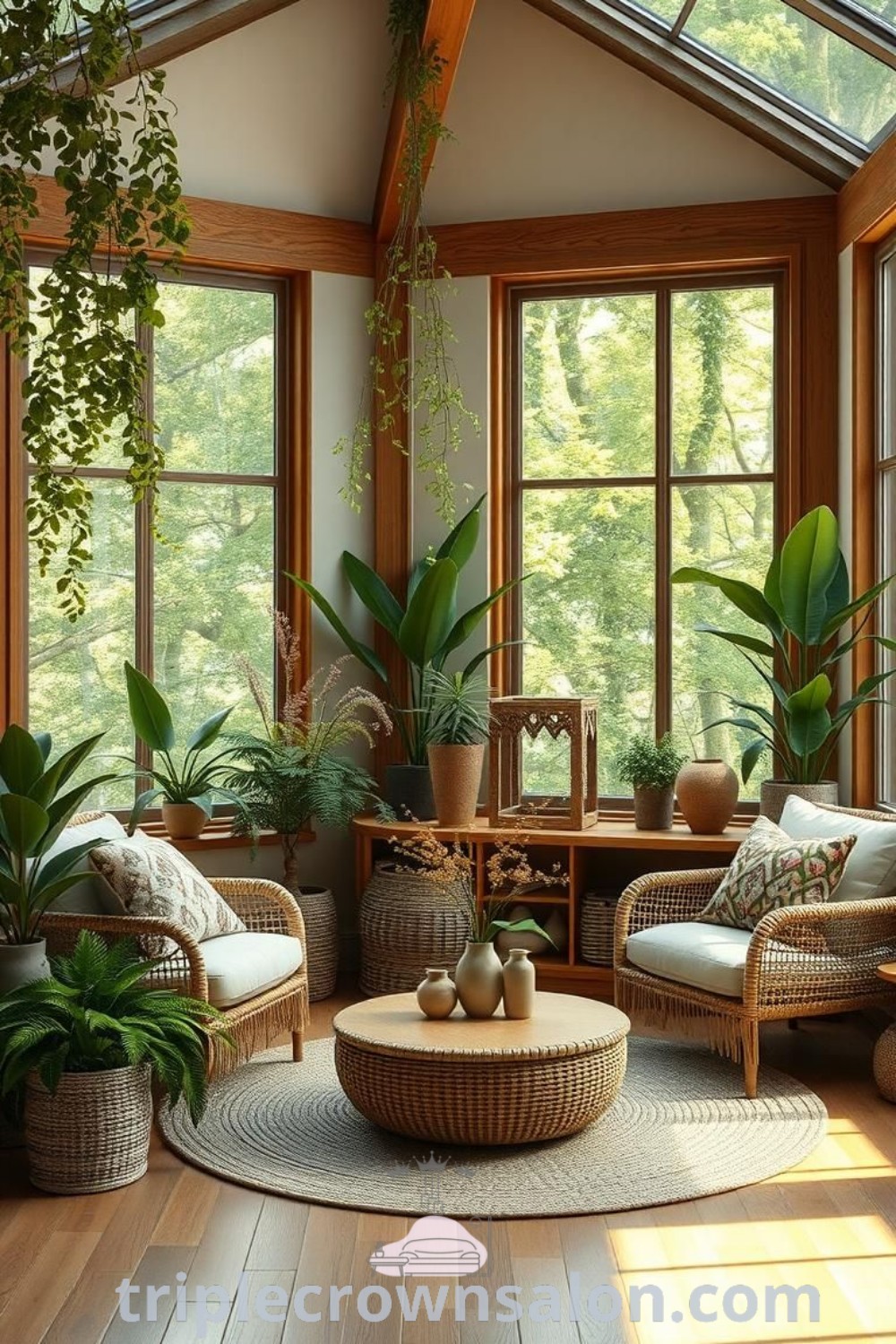 A biophilic living room filled with furniture and abundant plants, showcasing earthy home decor and natural design ideas. Discover cozy inspirations for your home at triplecrownsalon.com.
