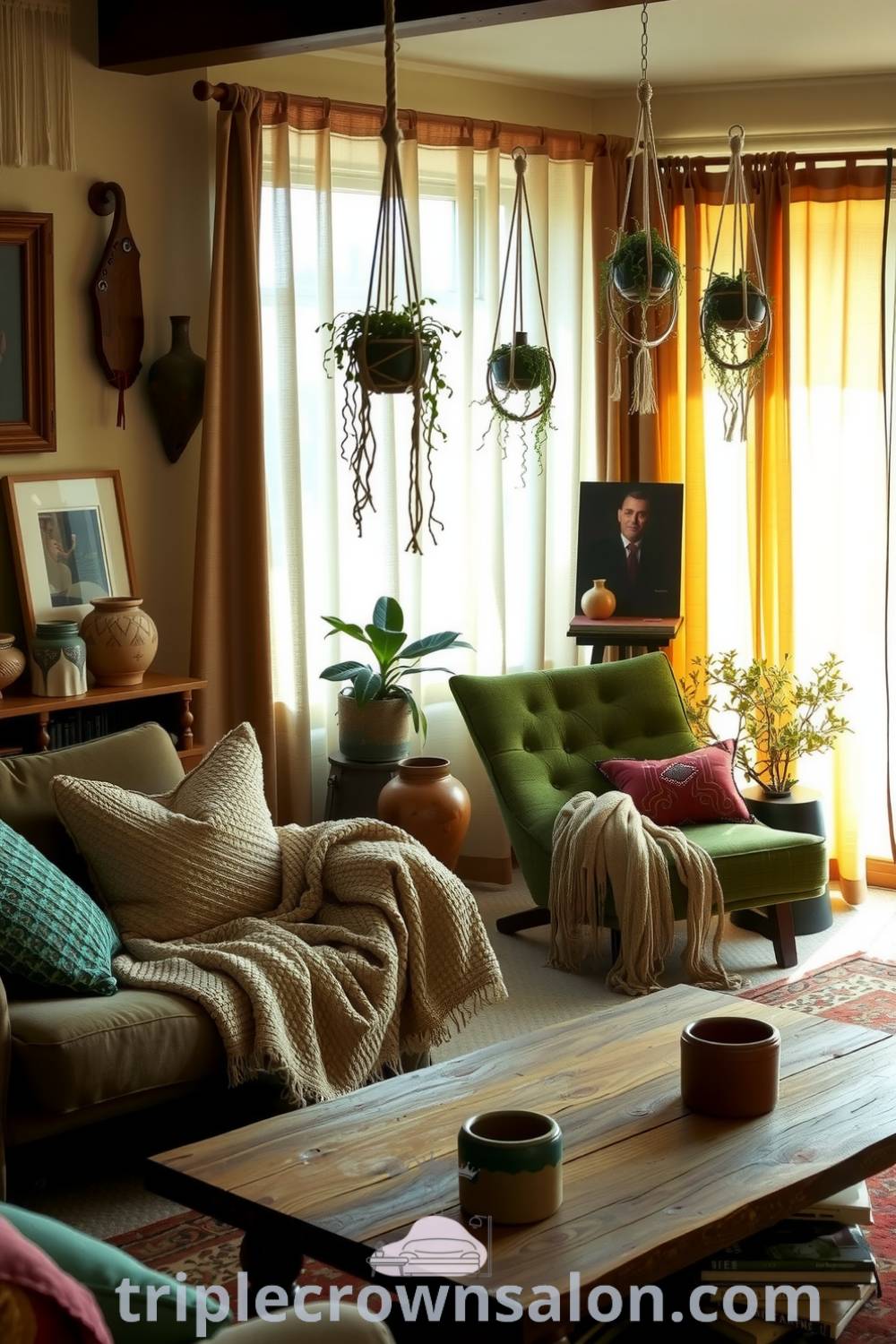 Cozy Boho living room design featuring a vintage peacock chair, textured cushions, reclaimed wood coffee table, hanging plants, and eclectic art, offering unique ideas for your home decor inspirations on fireplacesandwoodstoves.com.