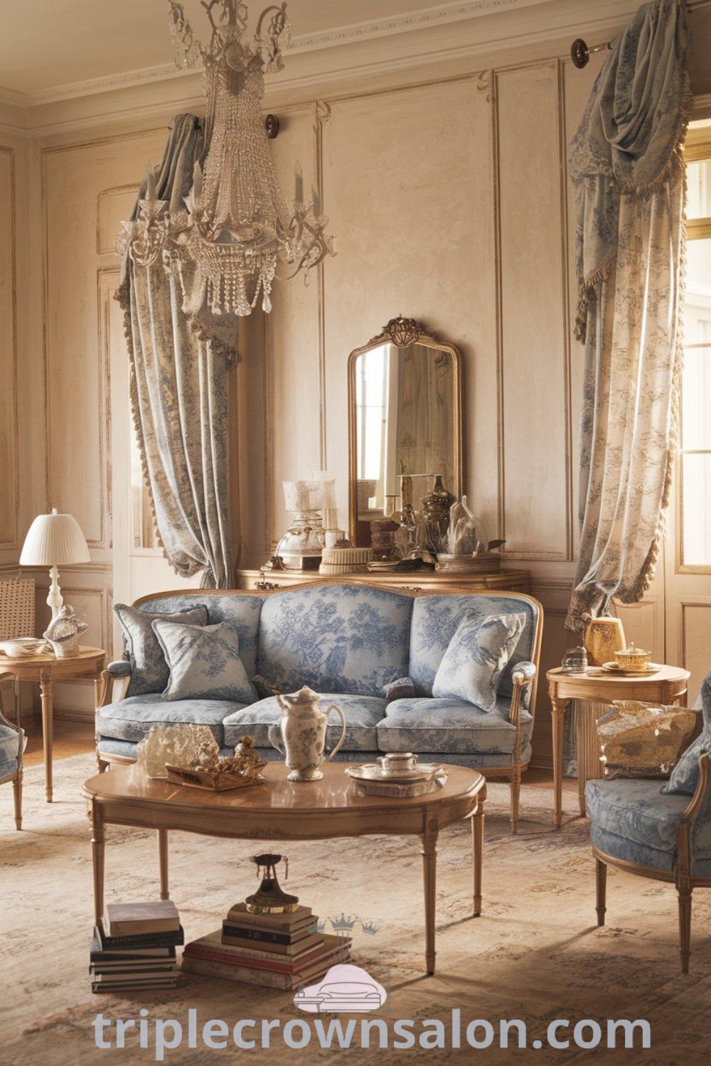 A vintage French living room filled with light blue Victorian decor, a stylish chandelier, and a French sofa, offering unique ideas for your home. This inviting space features cozy and elegant elements, providing decor inspirations for small spaces. Explore more design ideas at triplecrownsalon.com.