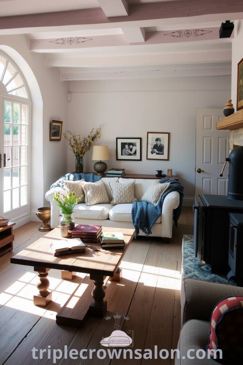 Bright farmhouse living room with sunlight streaming through mullioned windows, a cozy sofa with knitted throws, rustic coffee table with books and wildflowers, and family photographs on the walls, showcasing cozy decor ideas that inspire a welcoming atmosphere, visit triplecrownsalon.com.