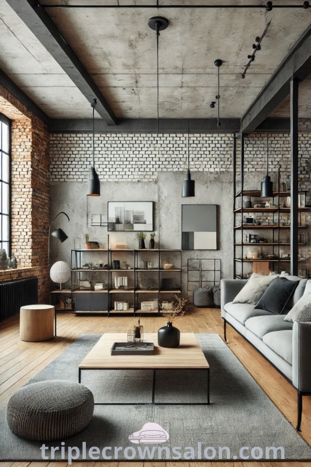 An industrial style living room with exposed brick walls and wooden flooring, featuring gray couches and decor ideas that embody industrial classic and modern apartment aesthetics. This inspiring space offers cozy ideas for your home, perfect for design trends and decorating ideas found at triplecrownsalon.com.