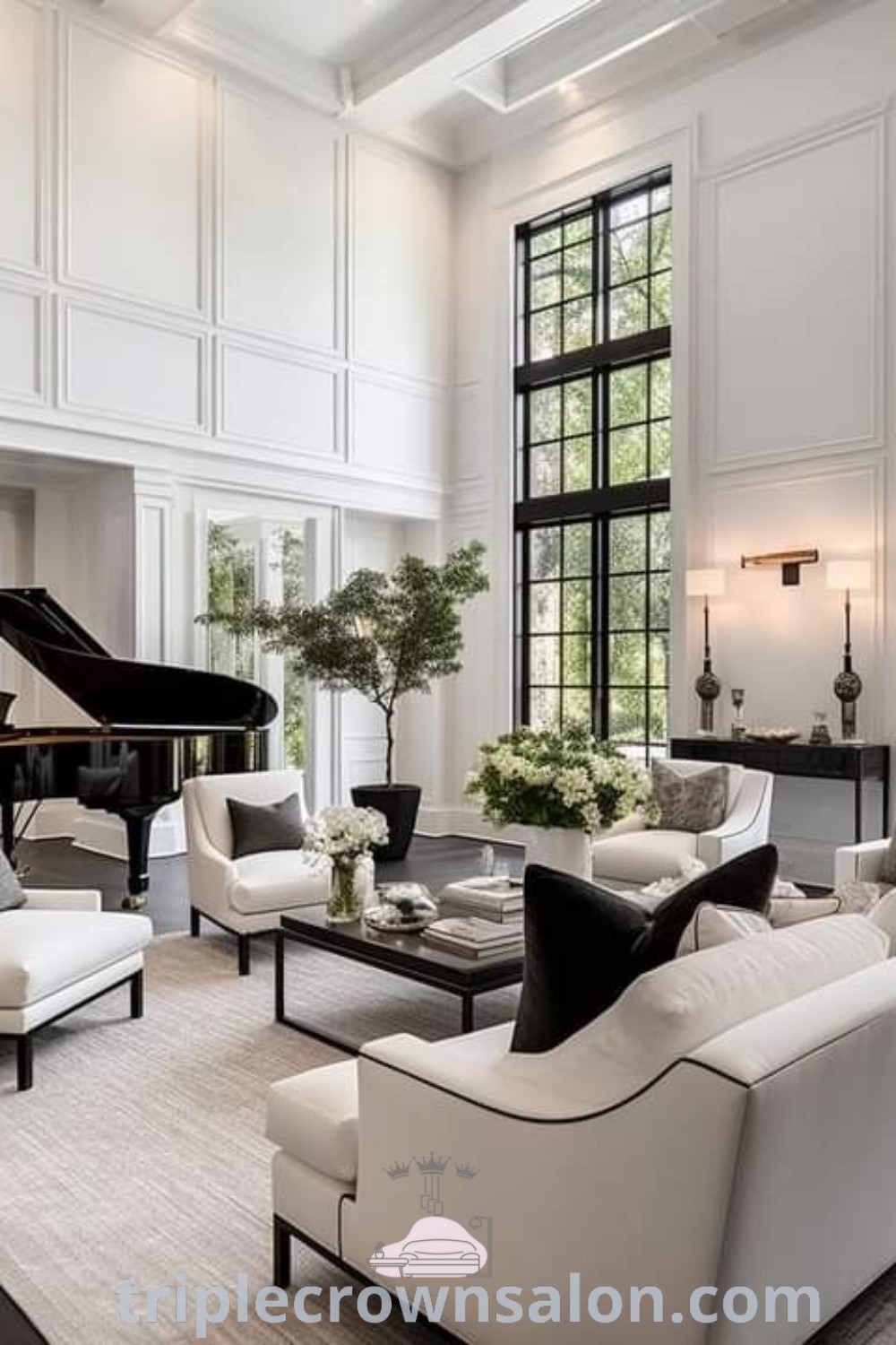 A contemporary living room featuring a grand piano, large white decor, and open concept design, offering inspirations for a cozy home. This elegant space combines modern house interior elements with unique ideas, making it ideal for those seeking stylish decor inspirations at wellnesswink.com.