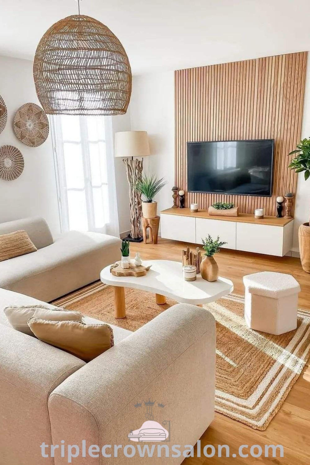 A cozy minimalist living room filled with stylish furniture and a flat-screen TV, perfect for small spaces. This decor offers unique ideas for a cozy aesthetic, inspiring design tips and decor inspirations for living rooms. Explore more cozy home ideas at triplecrownsalon.com.