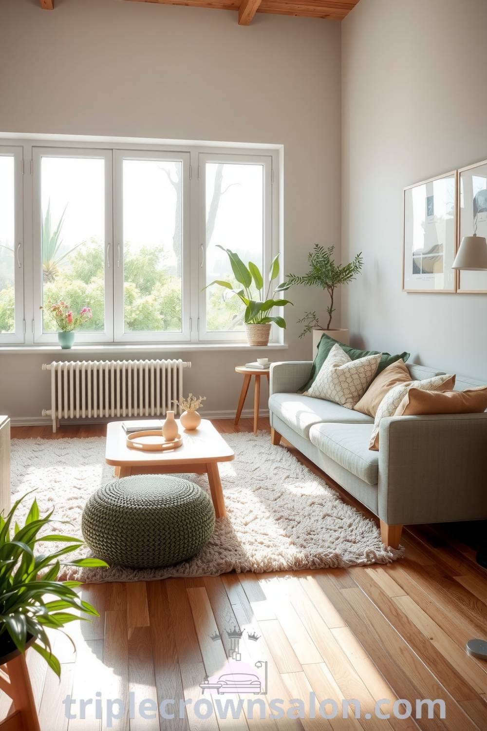 Cozy Scandinavian living room featuring soft green accents, light wooden furniture, a plush rug, handwoven throw pillows, large windows with views of trees, natural light creating an inviting atmosphere, ideal for relaxation and intimate gatherings, showcasing unique decor ideas and inspirations for cozy home designs on triplecrownsalon.com.