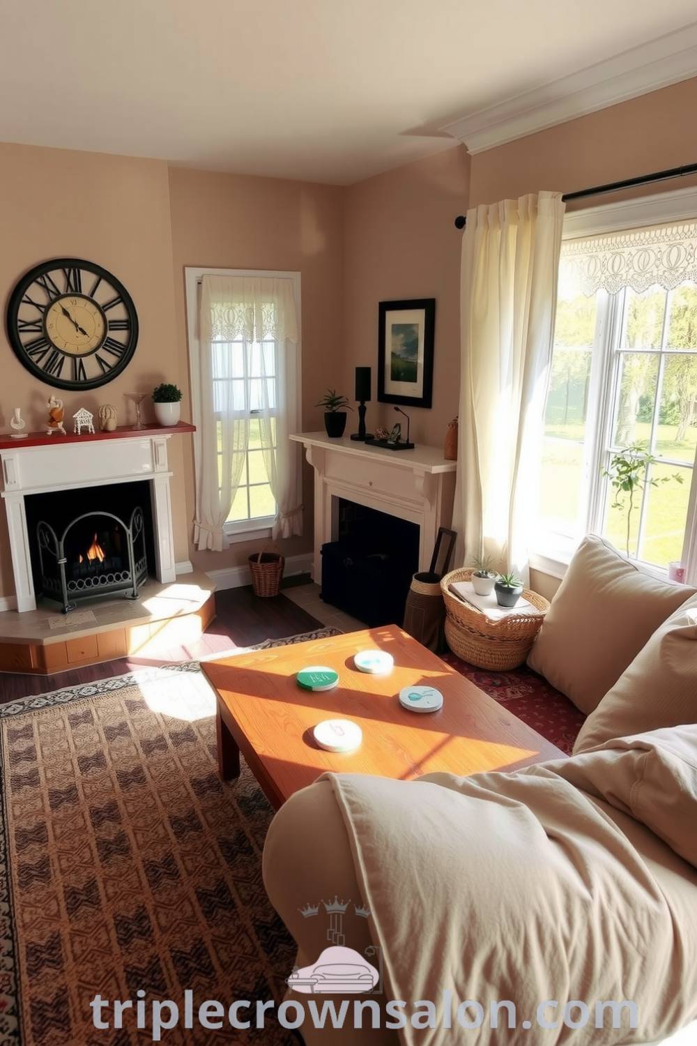 Cozy farmhouse living room with beige walls, an overstuffed sofa, a wooden coffee table with mismatched coasters, lace-trimmed curtains, a crackling fireplace, and potted plants on the windowsill. Find inspiring decor ideas and cozy aesthetics at triplecrownsalon.com.