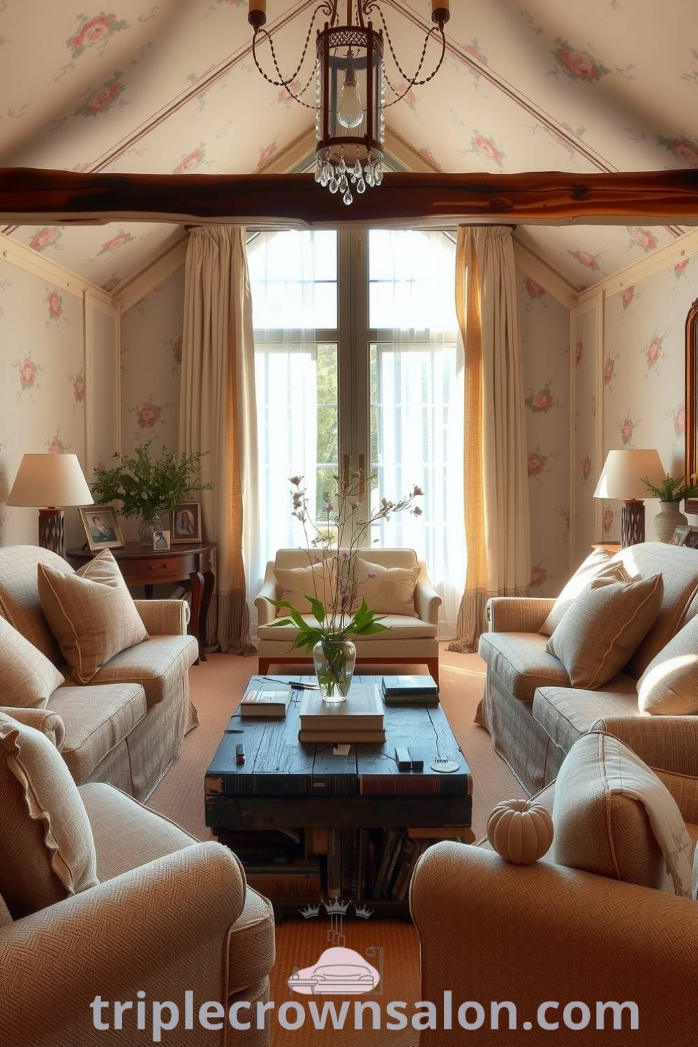 Cozy French living room featuring soft beige walls, floral wallpaper, rustic wooden beams, overstuffed sofas, a rustic coffee table, and natural sunlight filtering through sheer curtains, providing cozy ideas and decor inspirations for your home at triplecrownsalon.com.