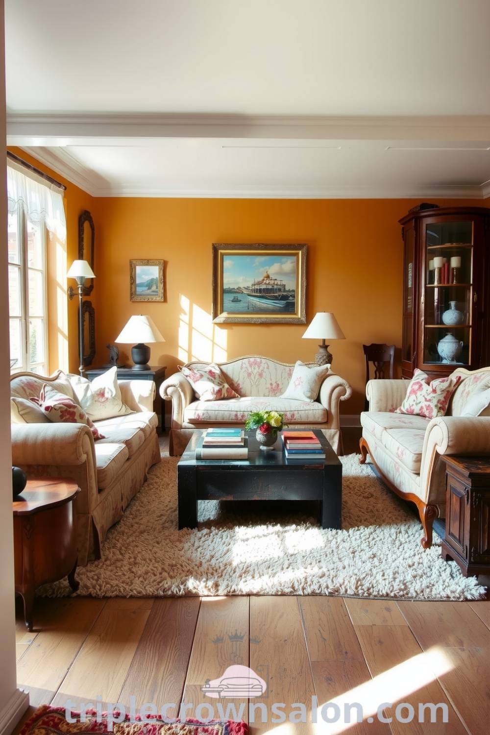 Cozy French living room with soft ochre walls, antique wooden floor, overstuffed floral sofas, and a weathered coffee table, creating an inviting atmosphere filled with sunlight and character. Visit triplecrownsalon.com for inspiring decor ideas.