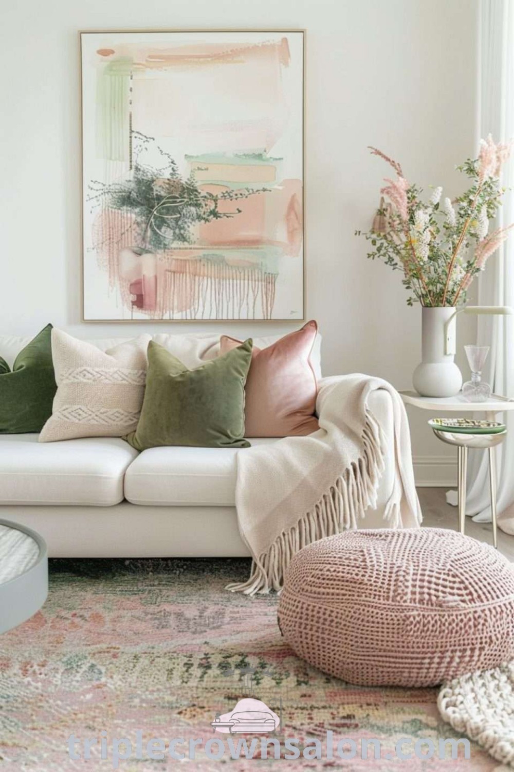 A beautiful living room designed with sage and pink decor that showcases colorful wall decor ideas, inspiring a cozy and welcoming atmosphere. This space features a mix of pink and green interior design elements. Discover more unique ideas for your home at wellnesswink.com.