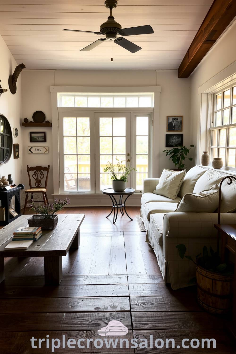 Cozy farmhouse living room featuring soft white walls, large paned windows, worn wooden floors, overstuffed sofa, rustic reclaimed wood coffee table, family photos, and wildflowers, representing cozy ideas and decor inspirations for a warm, inviting home at triplecrownsalon.com.