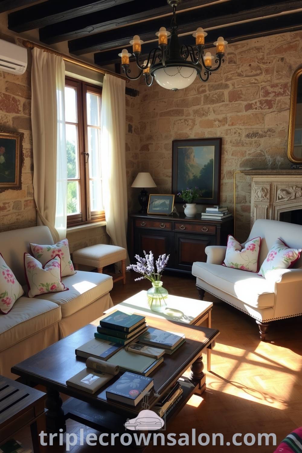 Cozy French living room with sunlight filtering through sheer curtains, antique parquet flooring, floral sofa, rustic coffee table with books, lavender vase, exposed stone walls, and a delicate chandelier, offering inspiring decor ideas for creating a warm and inviting home environment. Visit triplecrownsalon.com for more unique ideas.