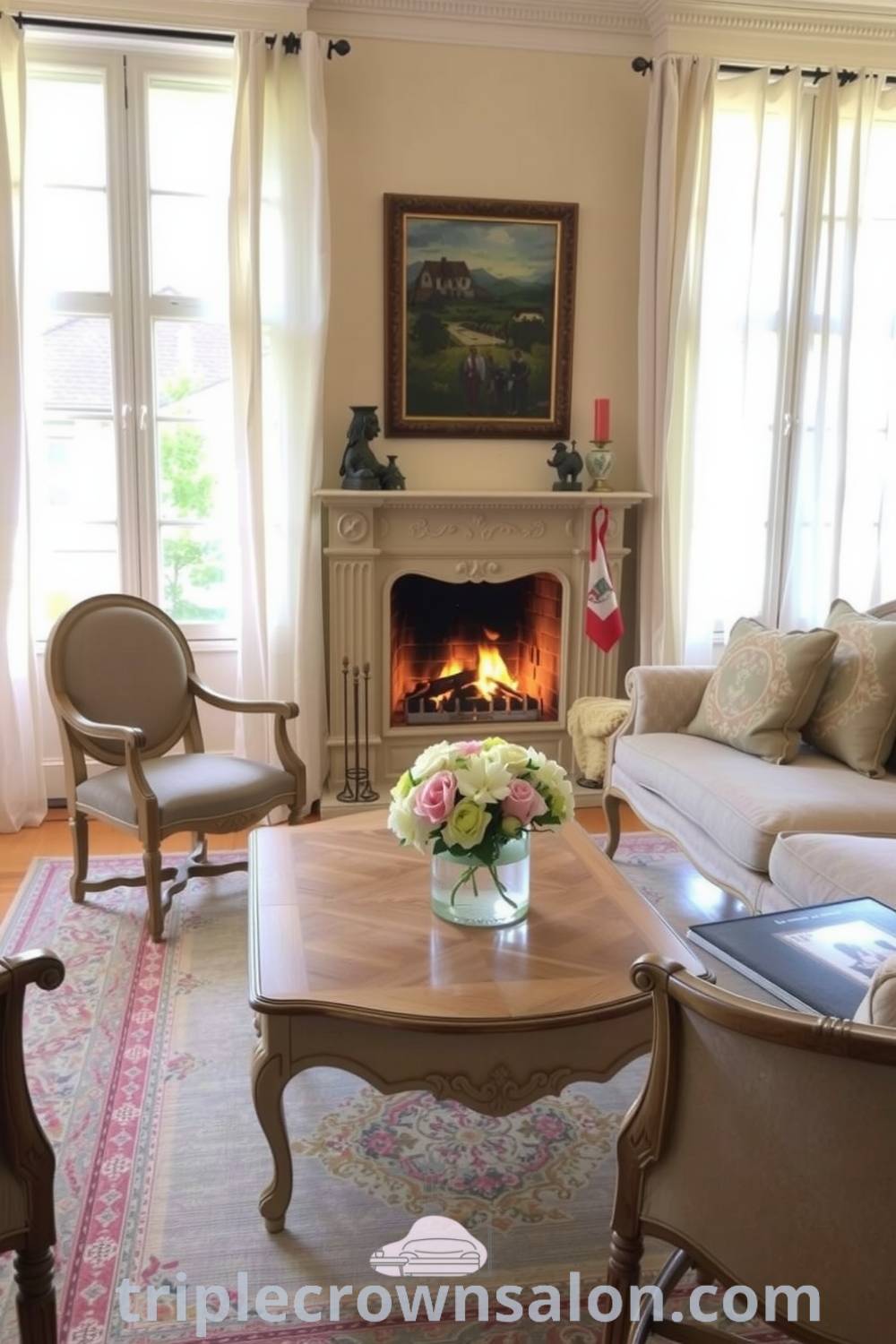 Cozy French living room with cream walls, antique wooden furniture, a crackling fireplace, fresh flowers, and a patterned area rug, creating a warm and inviting atmosphere. Ideas for your home at triplecrownsalon.com.