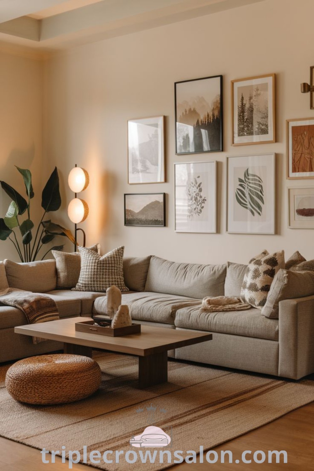 A cozy living room with a light beige couch and off-white walls, decorated with furniture and wall art. This warm living room offers unique ideas, featuring modern design elements and rattan decor inspirations for a welcoming atmosphere. Discover more decor ideas at wellnesswink.com.