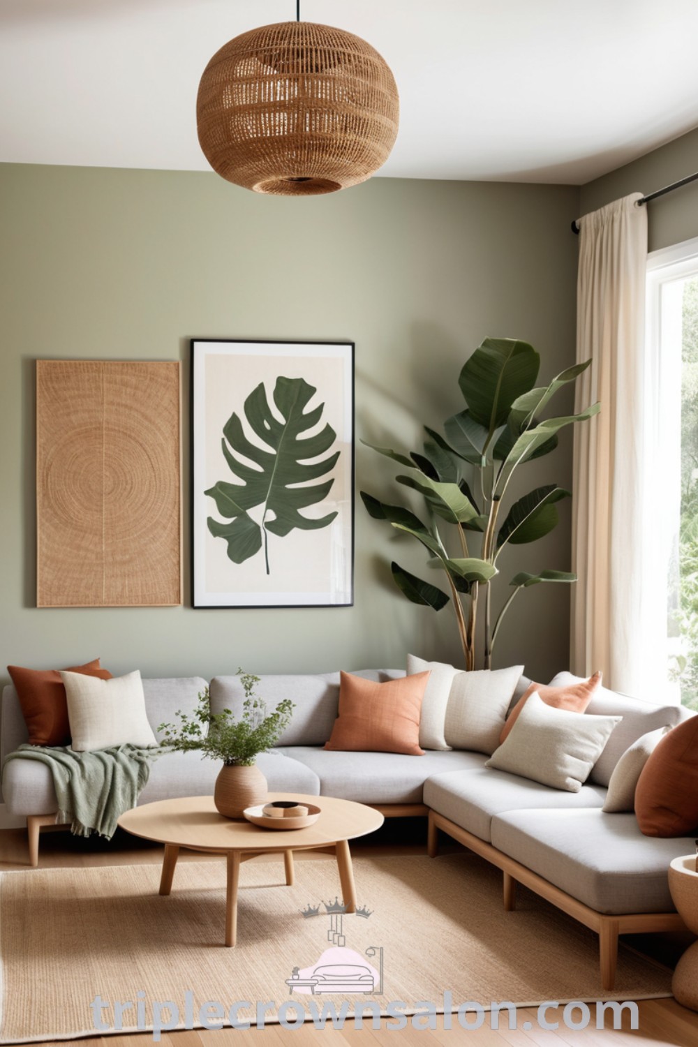 A beautiful Japandi farmhouse living room filled with oak furniture and a large plant, showcasing Scandinavian earthy interior design and cozy aesthetic. Explore unique ideas for your home at triplecrownsalon.com.