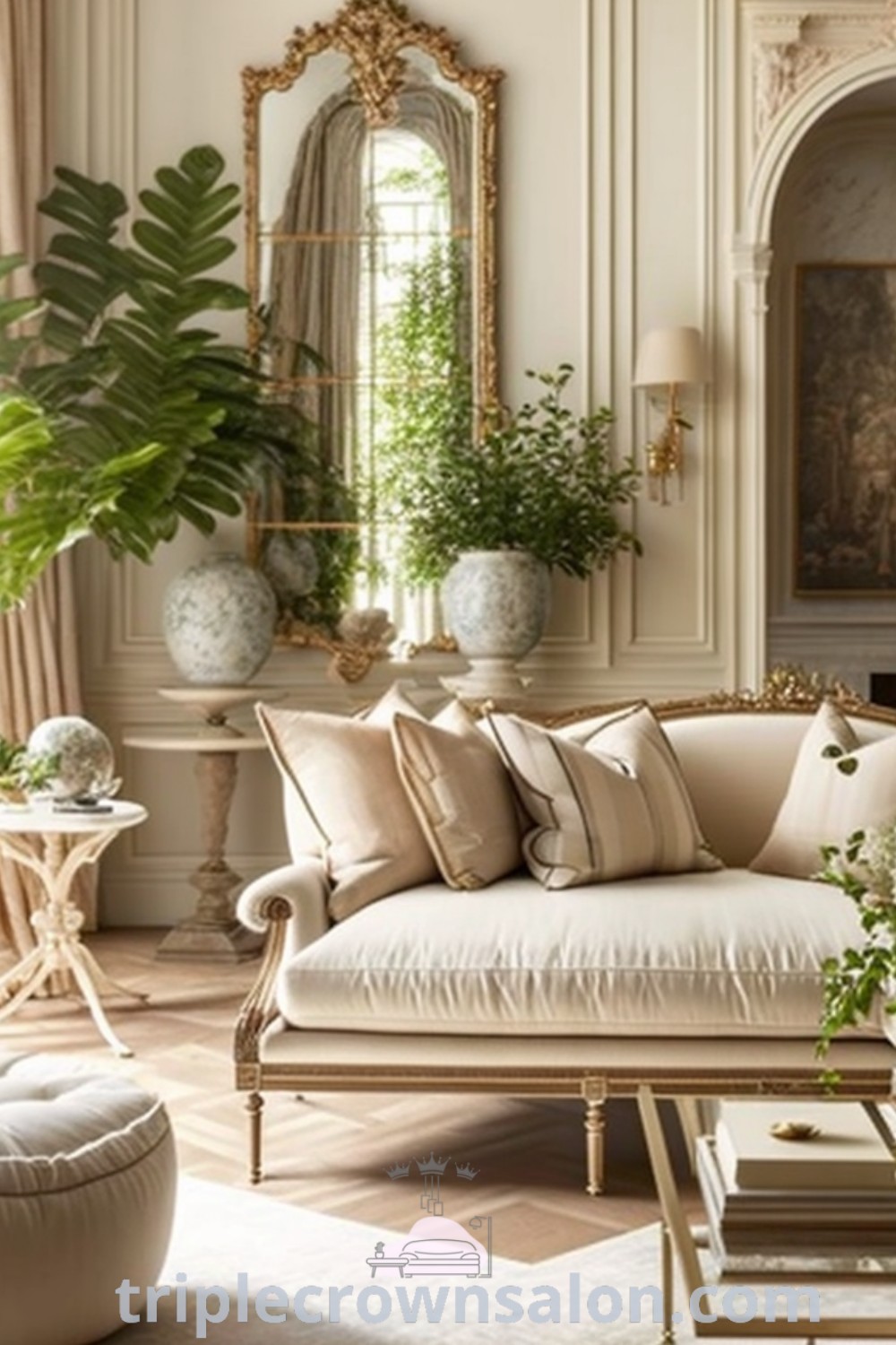 A cozy French minimalist living room filled with elegant furniture and vibrant plants in vases on tables, depicting a countryside interior and inspiring decor ideas for small spaces. This inviting design offers unique ideas for your home, beautifully blending functionality and aesthetic appeal. Discover more inspirations at triplecrownsalon.com.