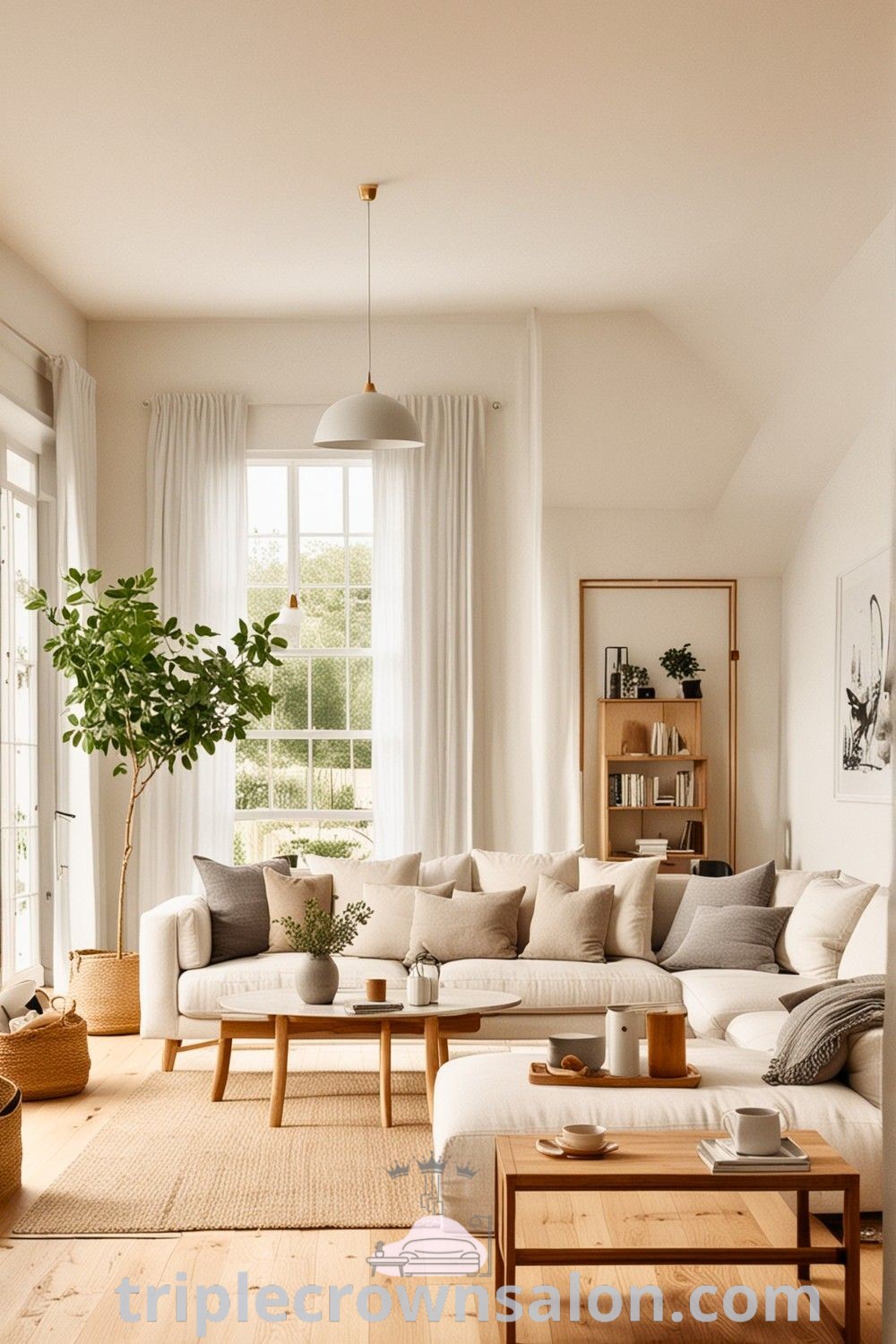 A cozy Japandi living room featuring stylish furniture and a potted plant on a table, embodying minimalist design principles and aesthetic warmth. This decor inspires ideas for your home and offers unique designs and organization tips for small spaces. Explore more decor inspirations at triplecrownsalon.com.