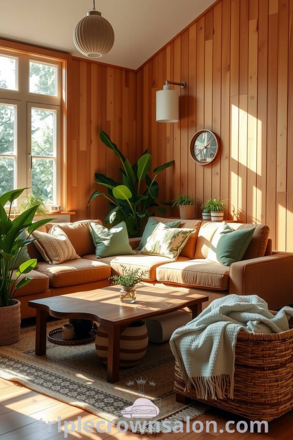 Living room with natural wood paneling, earthy-hued sofa with green cushions, potted plants, reclaimed wood coffee table, and woven basket with blankets, showcasing cozy ideas and inspiring decor ideas for your home at triplecrownsalon.com.