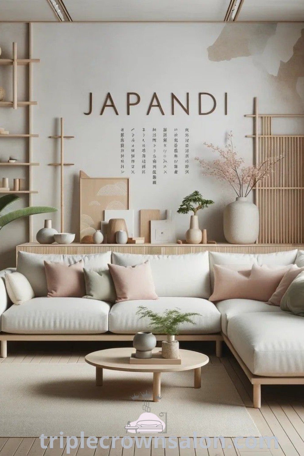A serene Japandi living room featuring natural wood furniture and Japanese inspired decor, embodying cozy aesthetics and minimalism. This small space makeover offers inspiring ideas for your home with designs that reflect tranquility. More decor inspirations can be found at triplecrownsalon.com.