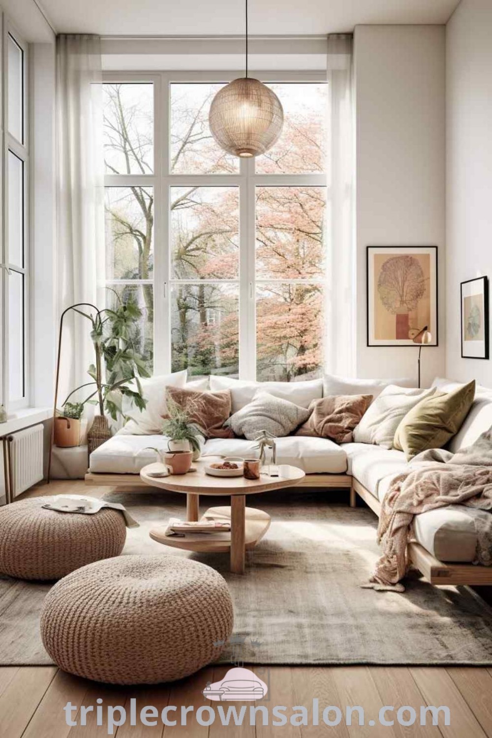 A bright Scandinavian living room filled with furniture, large windows, and cozy decor ideas, perfect for small apartment living. This inviting space inspires home decorating ideas and emphasizes a cozy aesthetic. Find inspiring design tips and decor inspirations at triplecrownsalon.com.