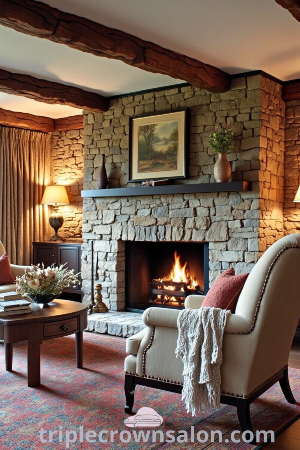 Cozy rustic living room with rough-hewn beams, warm stone walls, armchairs, and a wooden coffee table, showcasing decor ideas that inspire a welcoming and inviting atmosphere for your home. Visit fireplacesandwoodstoves.com for more unique ideas.