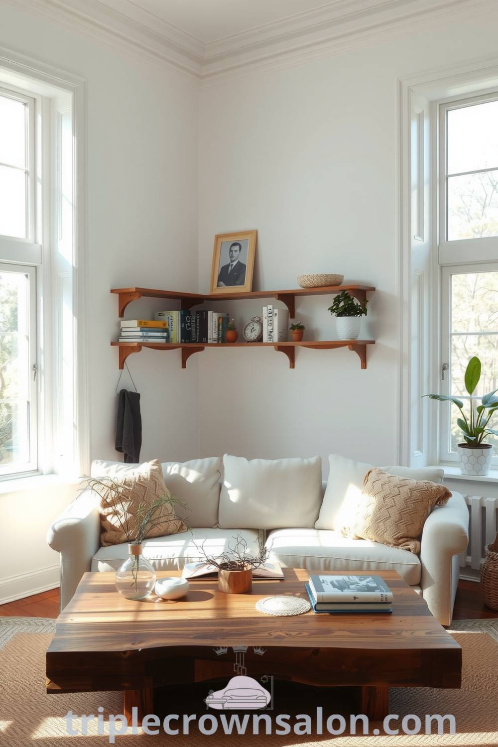 Bright Scandinavian living room with large windows, warm off-white walls, rustic wooden shelves with books and plants, a plush light-colored sofa, and a reclaimed wood coffee table, showcasing cozy decor ideas and design inspirations for creating a cozy home at triplecrownsalon.com.