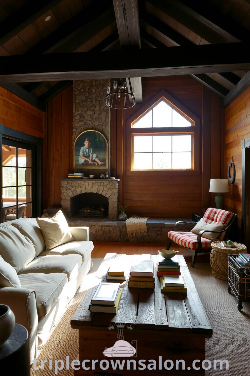 Cozy rustic living room with deep black wooden beams, weathered oak walls, oversized sofa, and a stone fireplace, featuring handmade decor and inviting elements that inspire cozy home design ideas, as showcased at fireplacesandwoodstoves.com.