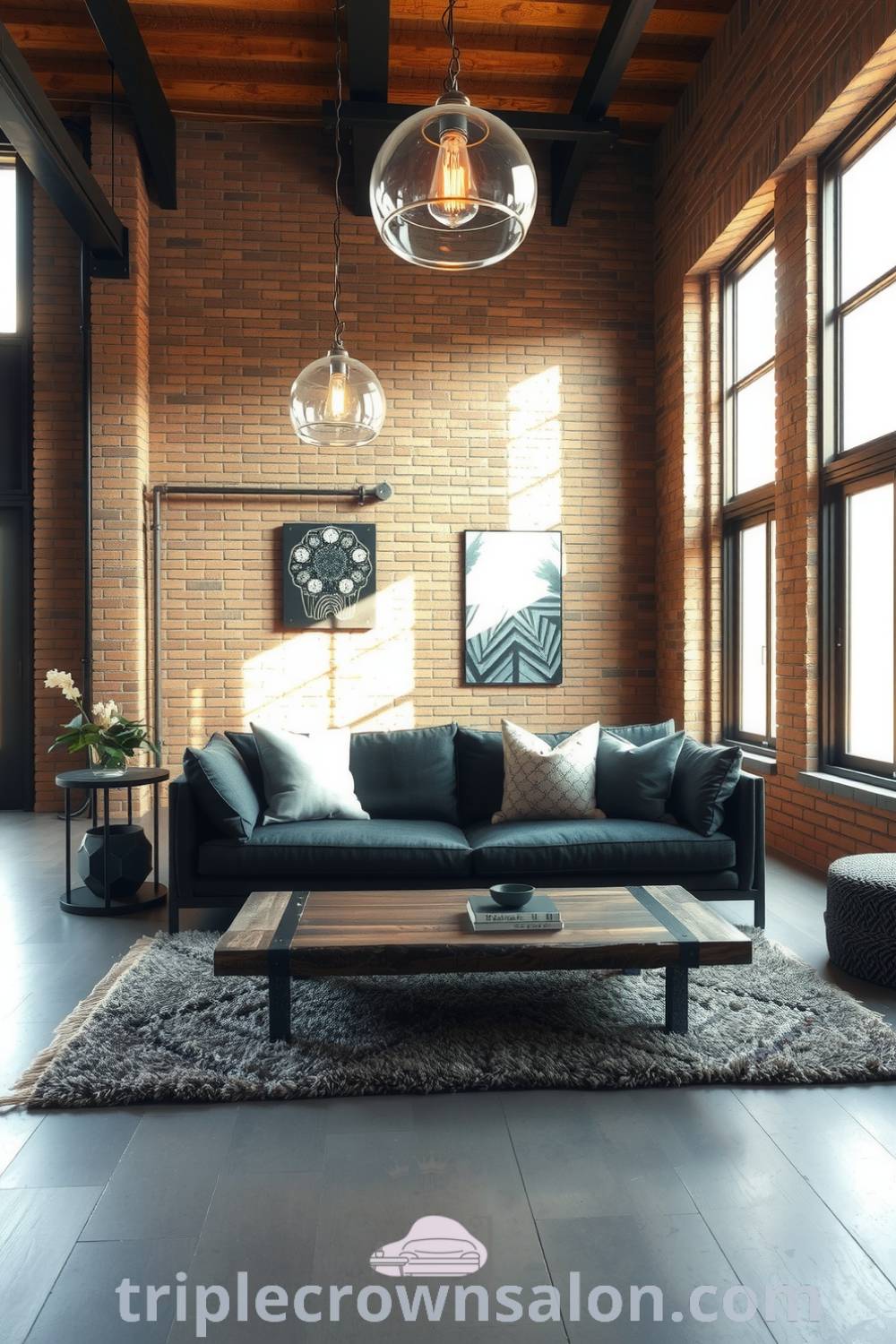Industrial living room featuring a black metal-framed sofa, exposed brick walls, a reclaimed wood coffee table, and a textured rug, showcasing cozy design ideas, with natural light flooding through tall windows, creating an inviting and edgy atmosphere. For more inspiring decor ideas, visit triplecrownsalon.com.